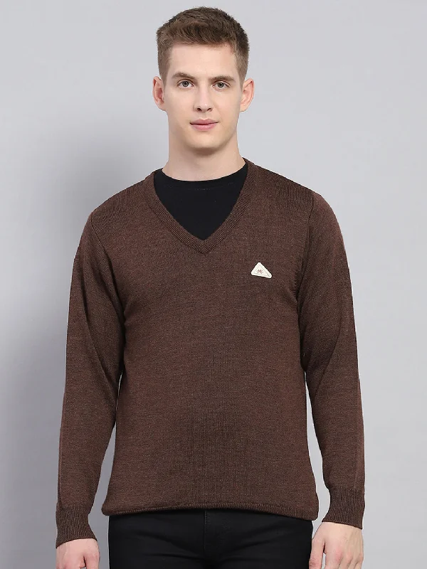 Men Brown Solid V Neck Full Sleeve Pullover