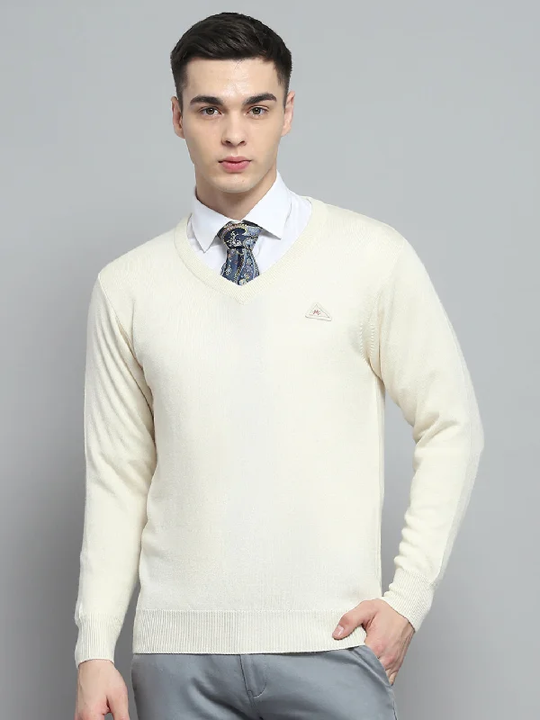 Men Cream Solid V Neck Full Sleeve Pullover