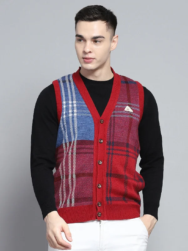 Men Red Self Design V Neck Sleeveless Cardigan