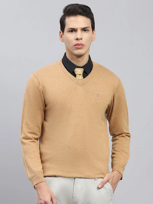 Men Khaki Solid V Neck Full Sleeve Pullover