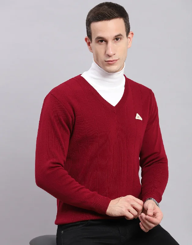 Men Maroon Solid V Neck Full Sleeve Pullover