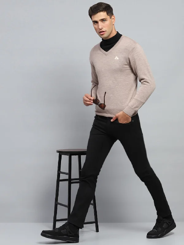 Men Beige Solid V Neck Full Sleeve Pullover