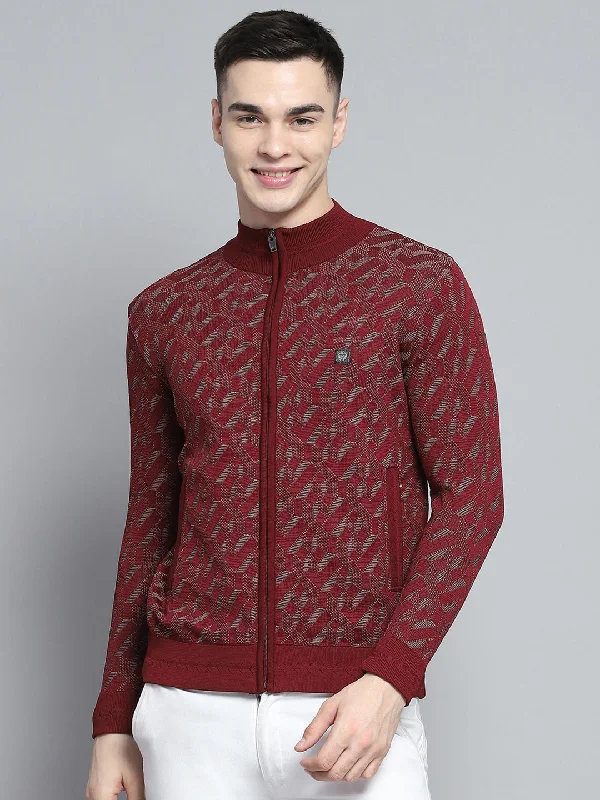 Men Maroon Self Design Mock Neck Full Sleeve Pullover