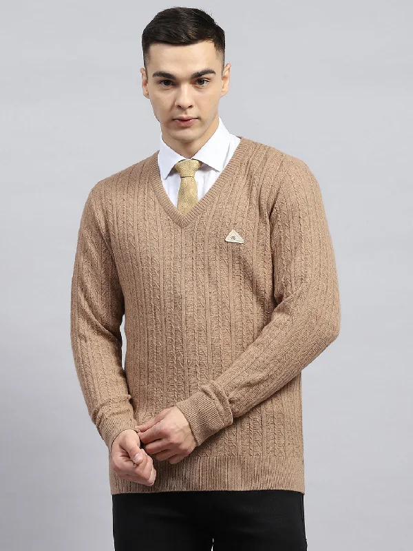 Men Beige Self Design V Neck Full Sleeve Pullover