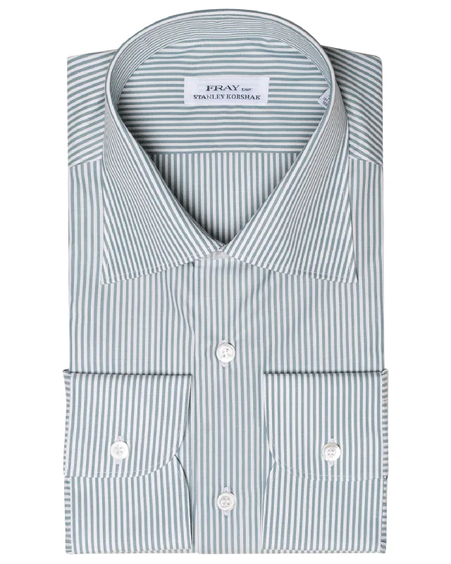 White and Green Stripe Cotton Byron Dress Shirt