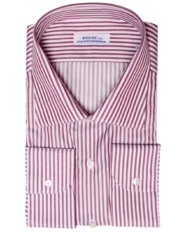 White and Plum Stripe Cotton Byron Dress Shirt