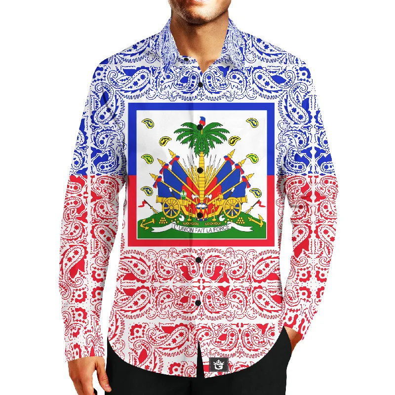 MEN'S FASHION TMMG LUXURY HAITI FLAG BANDANA DRESS SHIRT