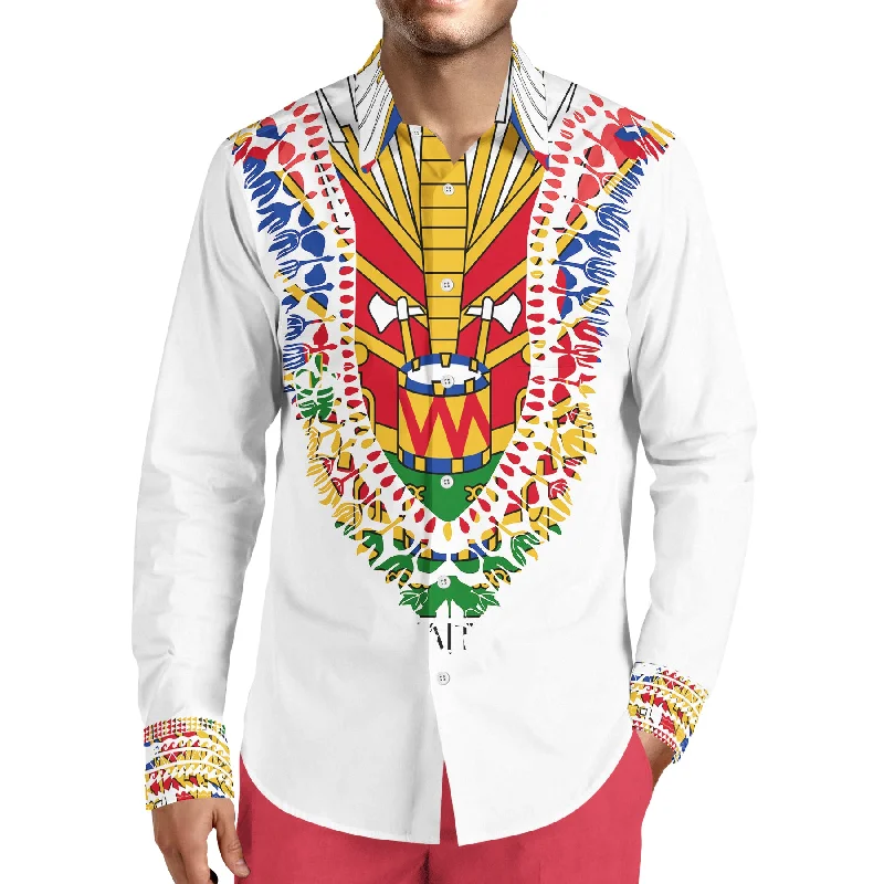 MEN'S FASHION LUXURY TMMG WHITE HAITIAN FLAG DASHIKI DRESS SHIRT