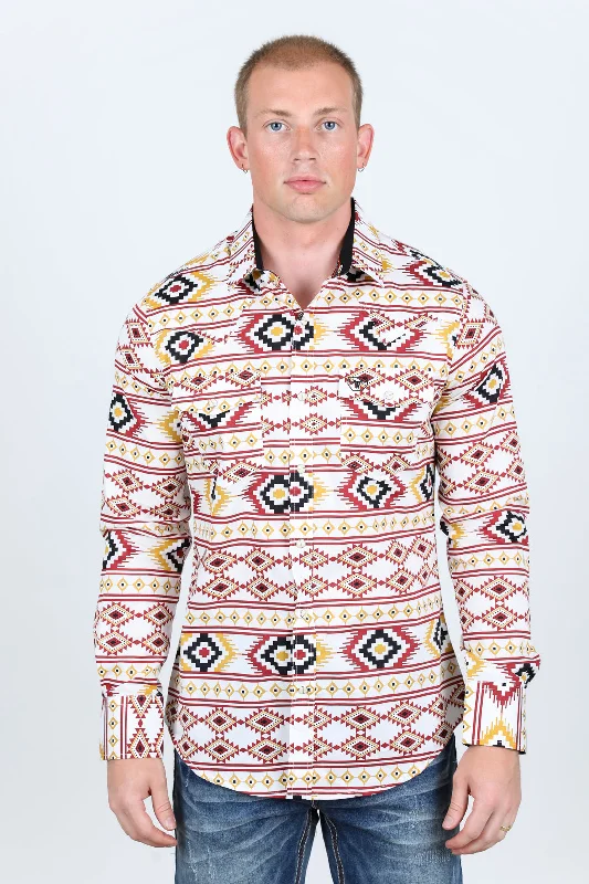 Men's Modern Fit Panoramic Aztec Print Long Sleeve Shirt - White