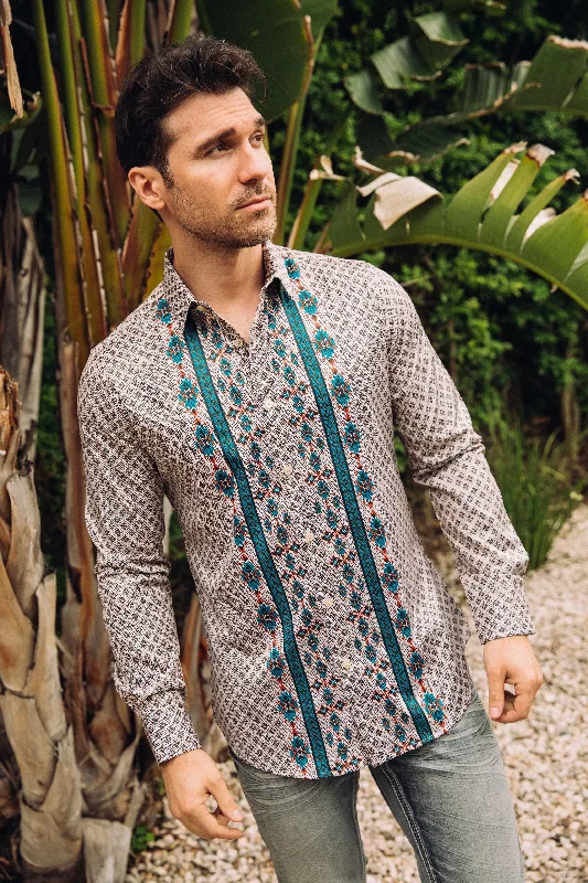 Mens Modern Fit Stretch Aztec Foiled Shirt - Beige