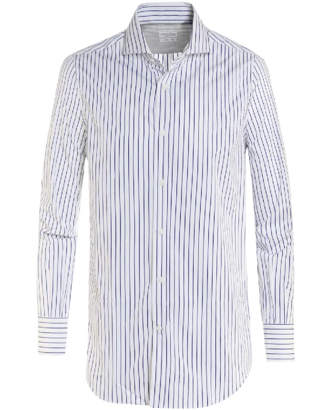 White and Blue Wide Pin Striped Cotton Sportshirt