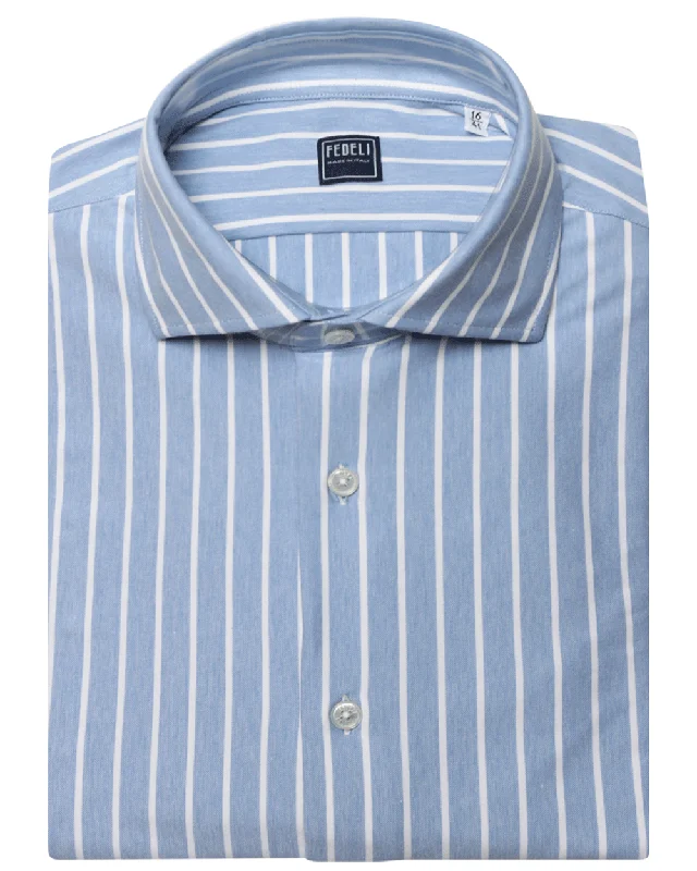 Light Blue and White Wide Striped Stretch Cotton Blend Sportshirt