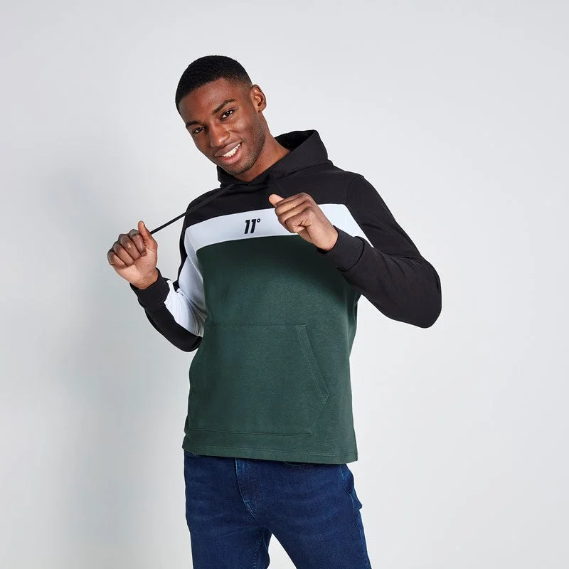 Cut and Sew Panelled Hoodie - Black / Darkest Spruce Green / White