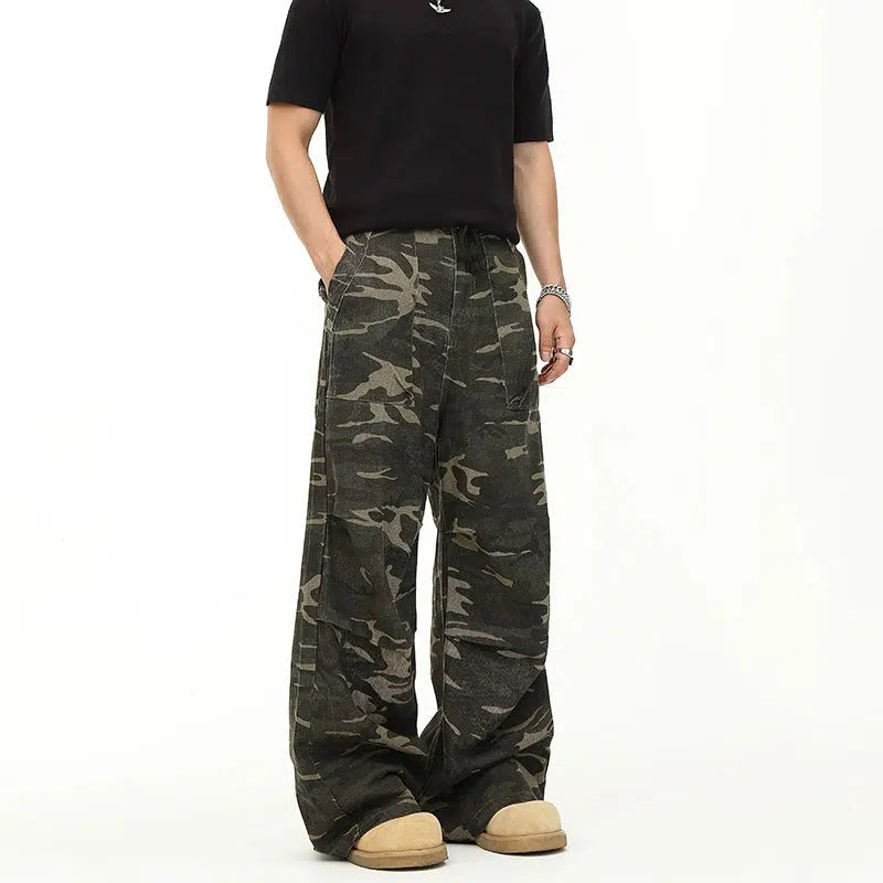 Camouflage Wide-Leg Drawstring Jeans