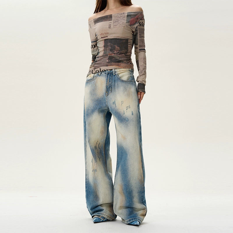 High-waist Wide-leg Distressed Jeans