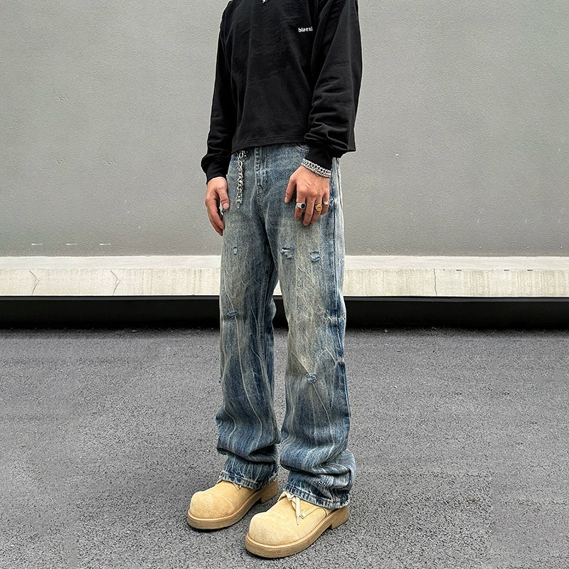 Washed Ripped Straight-Leg Denim Pants