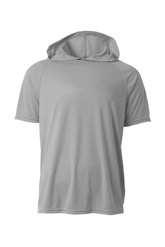 A4 Mens Performance Moisture Wicking Short Sleeve Hooded T-Shirt Hoodie - Silver Grey