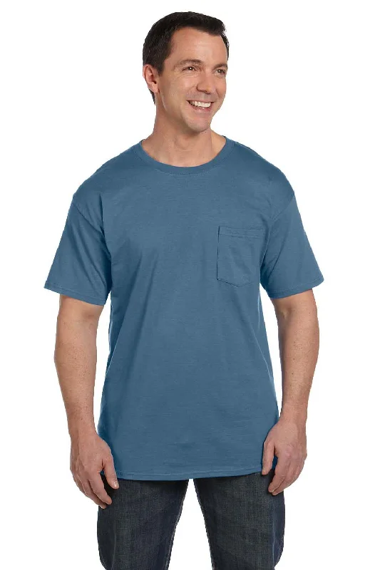 Hanes Mens Beefy-T Short Sleeve Crewneck T-Shirt w/ Pocket - Denim Blue