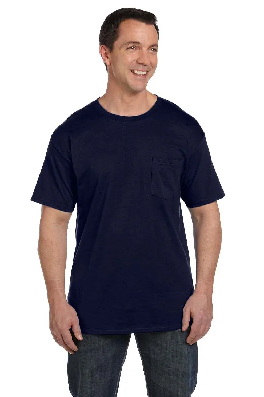 Hanes Mens Beefy-T Short Sleeve Crewneck T-Shirt w/ Pocket - Navy Blue