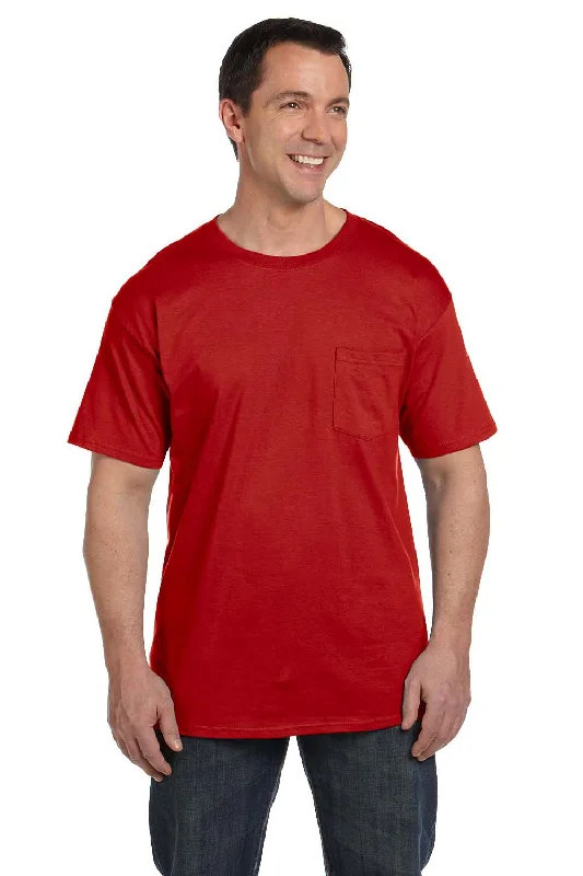 Hanes Mens Beefy-T Short Sleeve Crewneck T-Shirt w/ Pocket - Deep Red