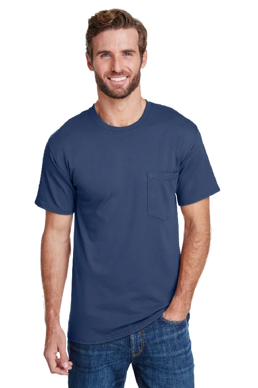 Hanes Mens Workwear UPF 50+ Short Sleeve Crewneck T-Shirt w/ Pocket - Navy Blue