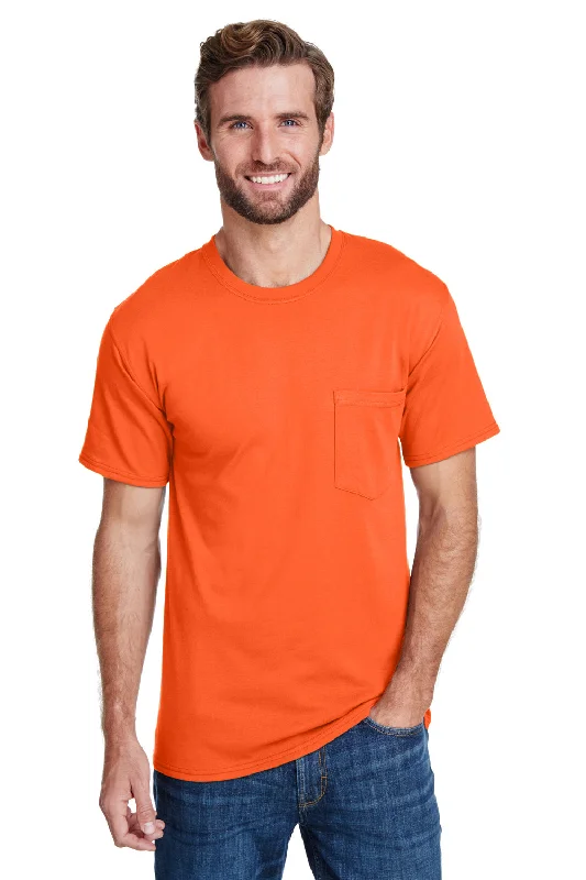 Hanes Mens Workwear UPF 50+ Short Sleeve Crewneck T-Shirt w/ Pocket - Safety Orange