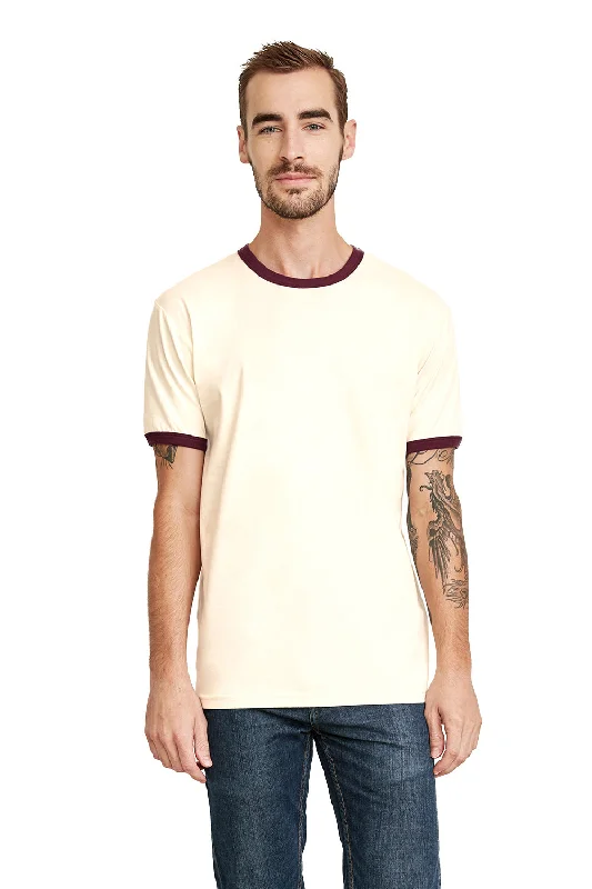 Next Level Mens Fine Jersey Ringer Short Sleeve Crewneck T-Shirt - Natural/Maroon