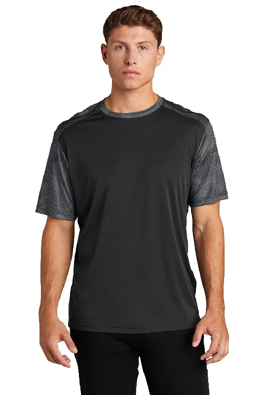 Sport-Tek Mens CamoHex Moisture Wicking Short Sleeve Crewneck T-Shirt - Black/Iron Grey