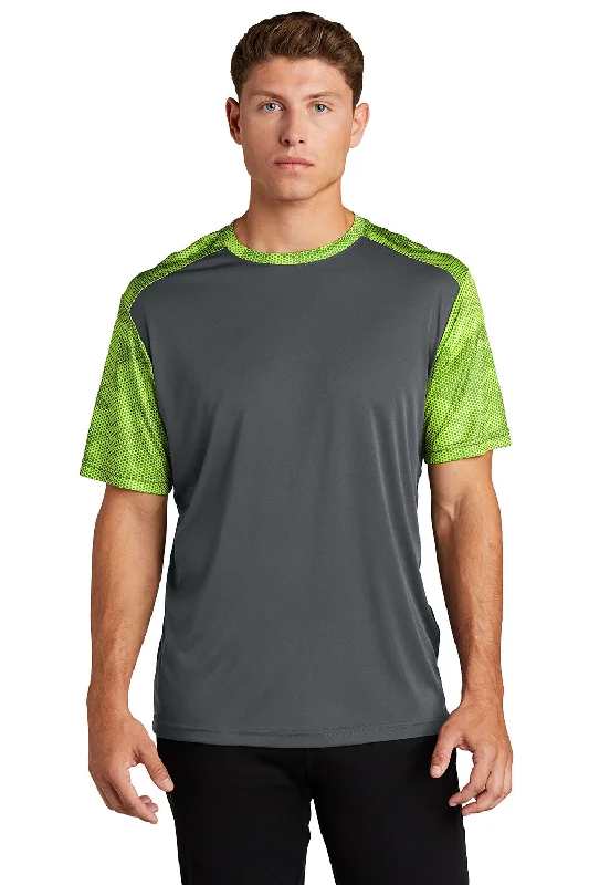 Sport-Tek Mens CamoHex Moisture Wicking Short Sleeve Crewneck T-Shirt - Iron Grey/Lime Shock Green