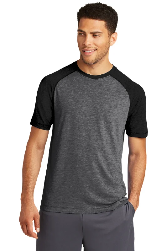 Sport-Tek Mens Moisture Wicking Short Sleeve Crewneck T-Shirt - Heather Dark Grey/Black Triad