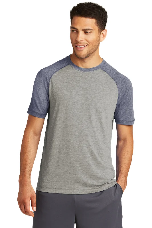 Sport-Tek Mens Moisture Wicking Short Sleeve Crewneck T-Shirt - Heather Light Grey/Heather True Navy Blue