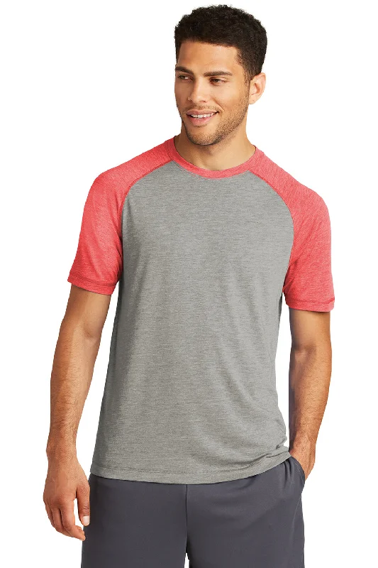 Sport-Tek Mens Moisture Wicking Short Sleeve Crewneck T-Shirt - Heather Light Grey/Heather True Red